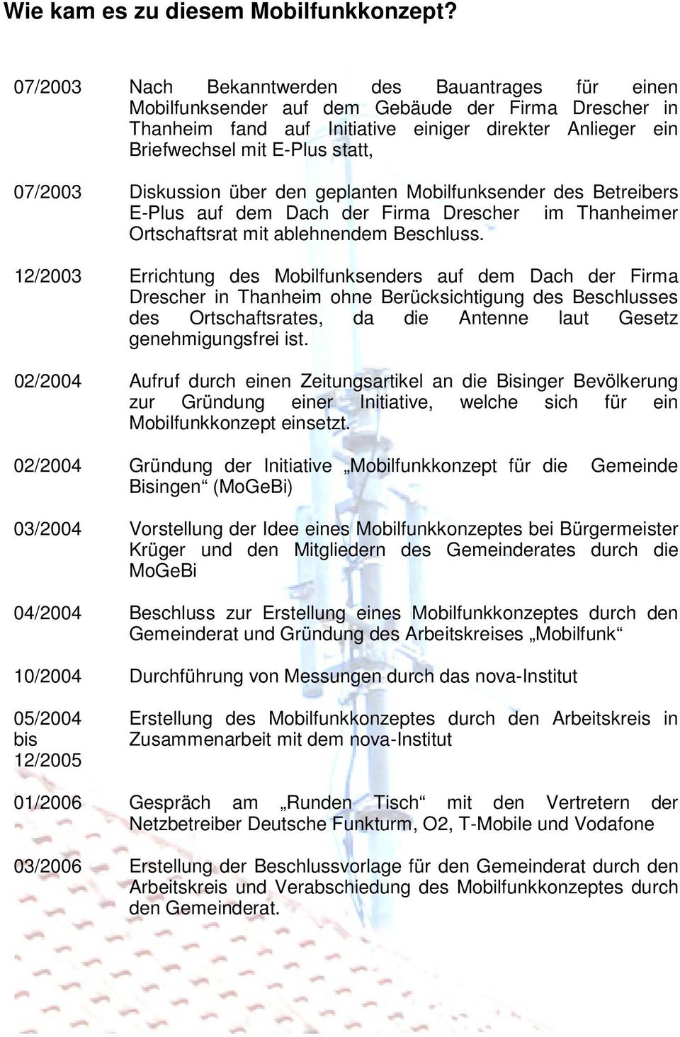 07/2003 Diskussion über den geplanten Mobilfunksender des Betreibers E-Plus auf dem Dach der Firma Drescher im Thanheimer Ortschaftsrat mit ablehnendem Beschluss.