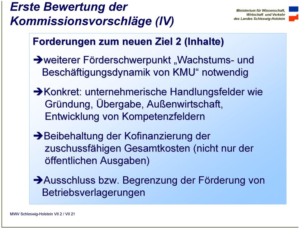 Übergabe, Außenwirtschaft, Entwicklung von Kompetenzfeldern Beibehaltung der Kofinanzierung der zuschussfähigen