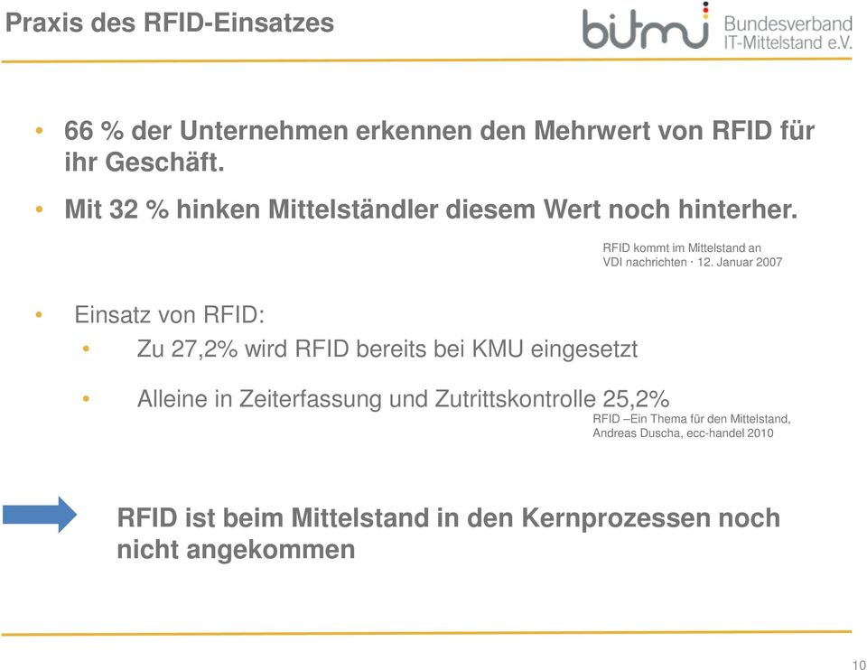 Januar 2007 Einsatz von RFID: Zu 27,2% wird RFID bereits bei KMU eingesetzt Alleine in Zeiterfassung und