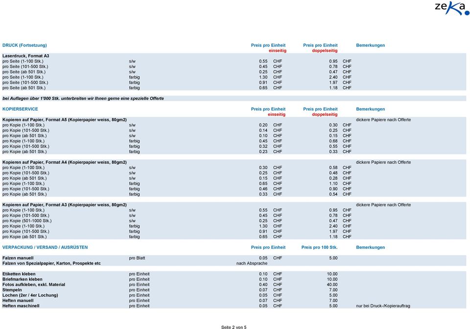 unterbreiten wir Ihnen gerne eine spezielle Offerte KOPIERSERVICE Bemerkungen einseitig doppelseitig Kopieren auf Papier, Format A5 (Kopierpapier weiss, 80gm2) dickere Papiere nach Offerte pro Kopie