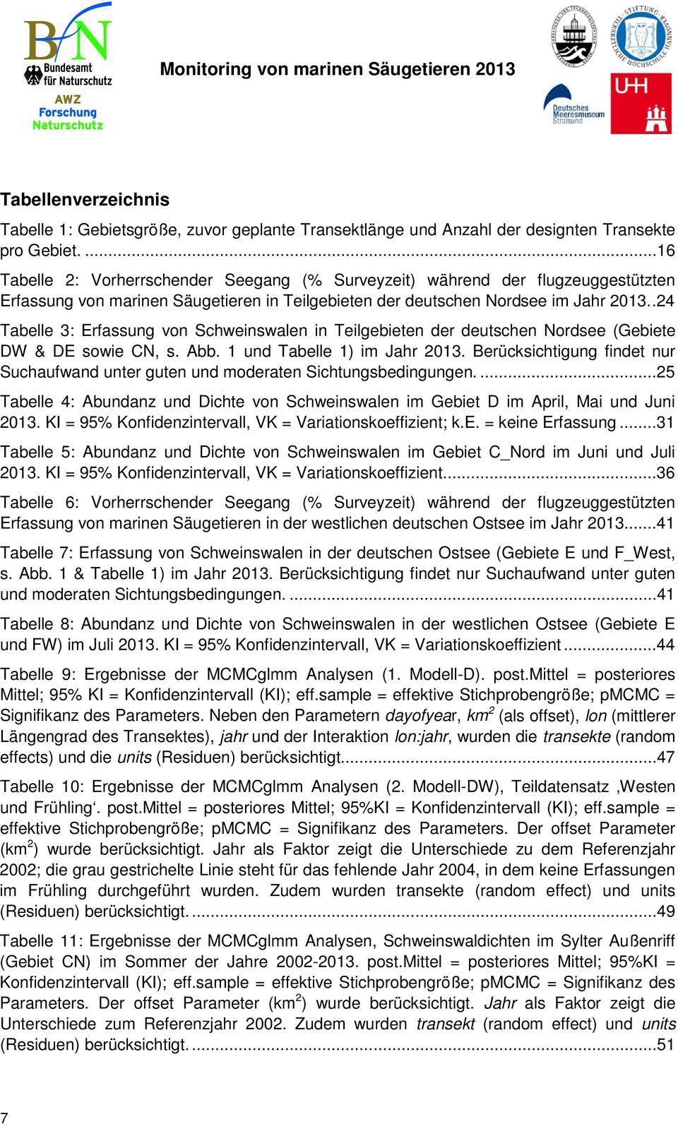 .24 Tabelle 3: Erfassung von Schweinswalen in Teilgebieten der deutschen Nordsee (Gebiete DW & DE sowie CN, s. Abb. 1 und Tabelle 1) im Jahr 2013.