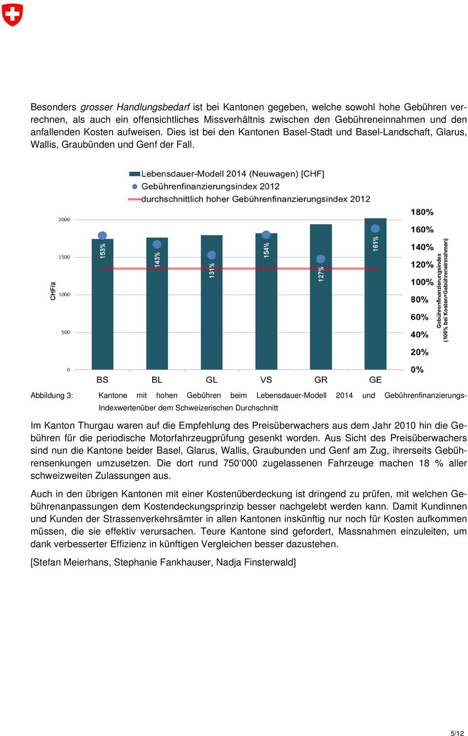 Abbildung 3: Kantone mit hohen Gebühren beim Lebensdauer-Modell 2014 und Gebührenfinanzierungs- Indexwertenüber dem Schweizerischen Durchschnitt Im Kanton Thurgau waren auf die Empfehlung des