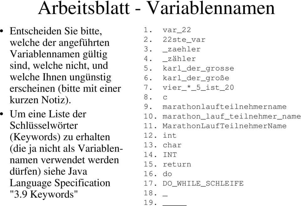 Um eine Liste der Schlüsselwörter (Keywords) zu erhalten (die ja nicht als Variablennamen verwendet werden dürfen) siehe Java Language Specification "3.