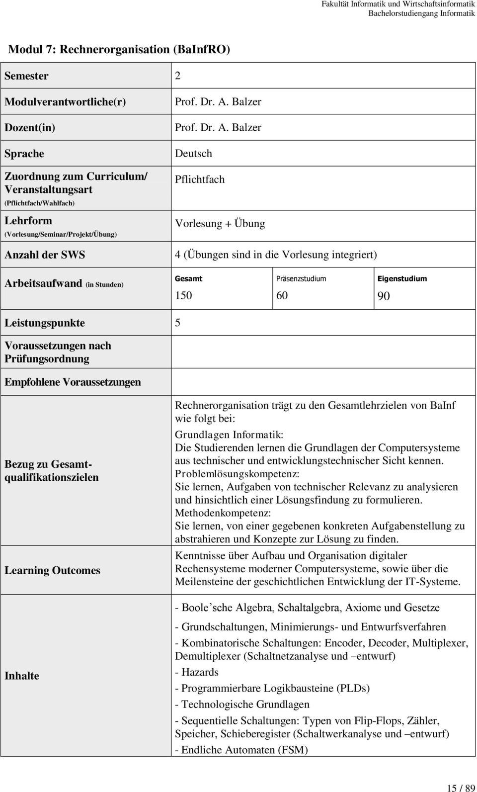 zahl der SWS Prof. Dr. A.