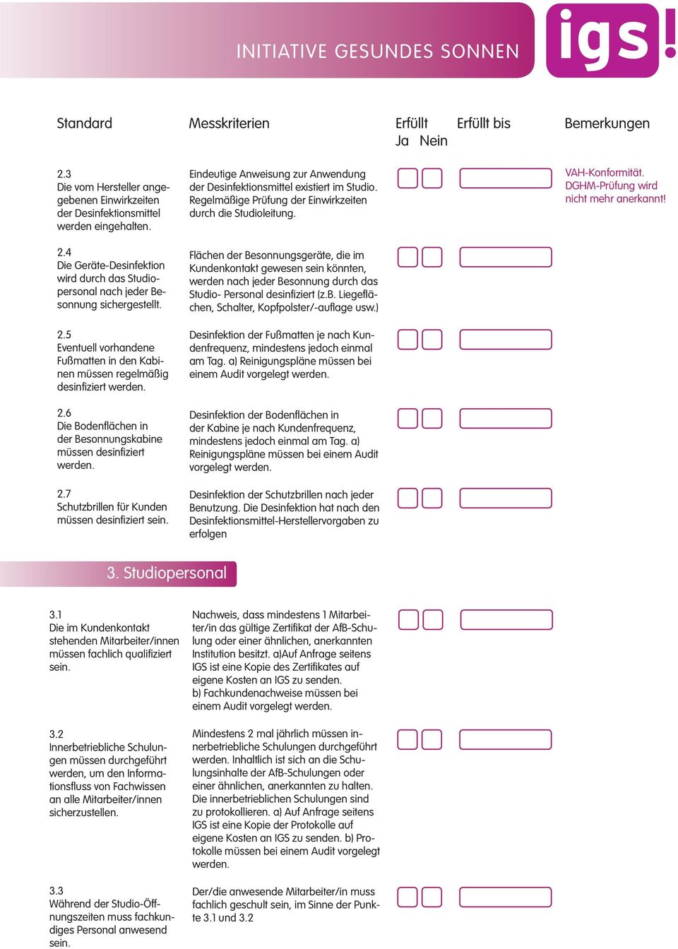 Endeutge Anwesung zur Anwendung der Desnfektonsmttel exstert m Studo. Regelmäßge Prüfung der Enwrkzeten durch de Studoletung.