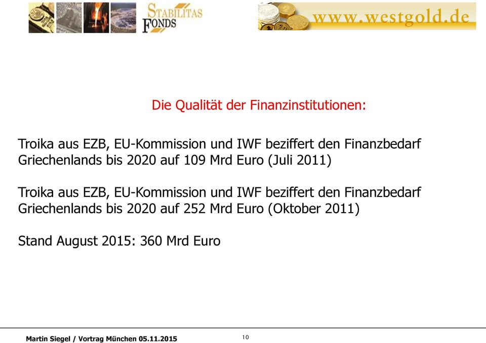 2011) Troika aus EZB, EU-Kommission und IWF beziffert den Finanzbedarf
