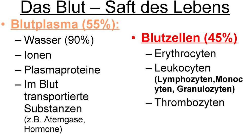 (z.b. Atemgase, Hormone) Blutzellen (45%) Erythrocyten