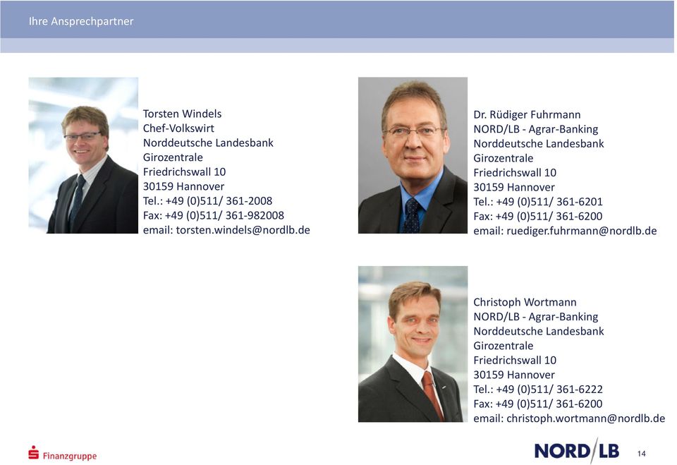 Rüdiger Fuhrmann NORD/LB - Agrar-Banking Norddeutsche Landesbank Girozentrale Friedrichswall 10 30159 Hannover Tel.