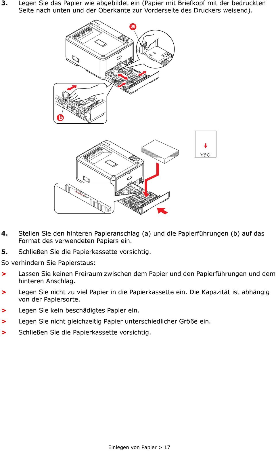So verhindern Sie Papierstaus: > Lassen Sie keinen Freiraum zwischen dem Papier und den Papierführungen und dem hinteren Anschlag.
