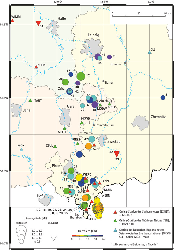 Abb. 1: Seismische Ereignisse in Sachsen, Sachsen-Anhalt, Ostthüringen und in der westlichen Tschechischen Republik 2010 2012 mit
