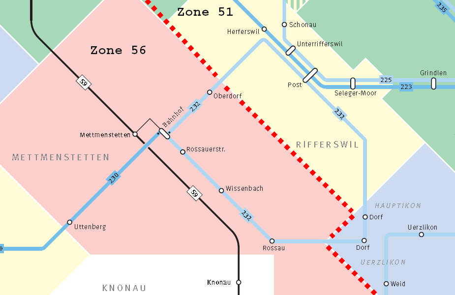 G Spezialfall Mettmenstetten Situation Die ZVV Linie 232 fährt als Rundkurs und bedient damit je nach Fahrrichtung die Haltestellen in Mettmenstetten nicht direkt, sondern via den Umweg Rifferswil.