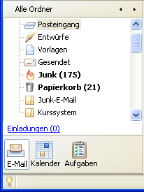 Add-on in Thunderbird Häufig werden Add-on als Menü dargestellt. Lightning blendet unterhalb der Ordnerleiste drei Icons ein: E-Mail, um zu Thunderbird zurück zu gelangen.