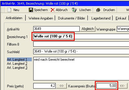 Der Wert im Feld Kassenpreis ist optional. Falls nicht vorhanden, wird er an der Kasse abgefragt.