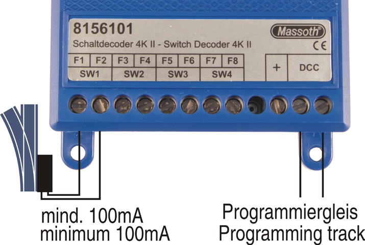 4. Programmierung Damit der Schaltdecoder programmiert werden kann, sollte an SW1 eine Last von mindestens 100mA angeschlossen sein (Weichenantrieb).