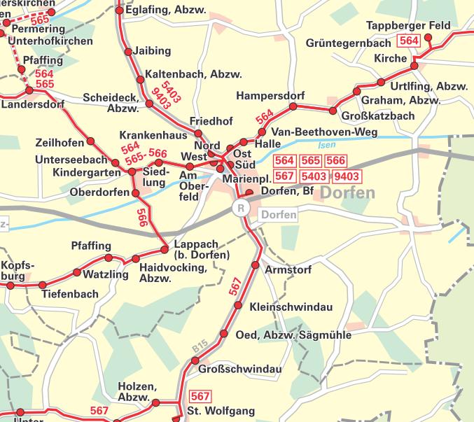6 ÖPNV Ausschnitt aus MVV Liniennetz mit eingetragenen OT Eibach RVO Bus 9409 (Dorfen Haag / Wasserburg 1 Fahrt je Richtung / Tag MVV Linie 9403 Dorfen Taufkirchen (Vils) und weiter: 13 Fahrtenpaare