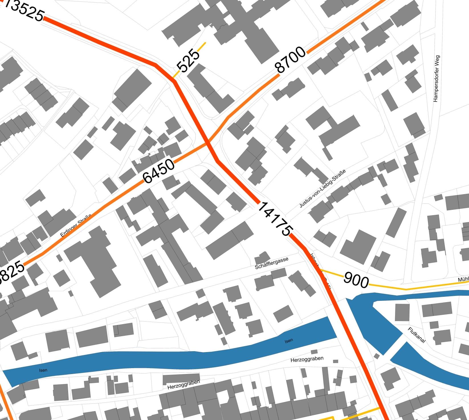 2 Abschnitte B15 - Bereich nördlich der historischen Altstadt - Kreuzung Schäfflergasse / Mühlangerstraße Höhe Schäfflergasse / Mühlangerstraße erhöhter Querungsbedarf Defizite im Längsverkehr