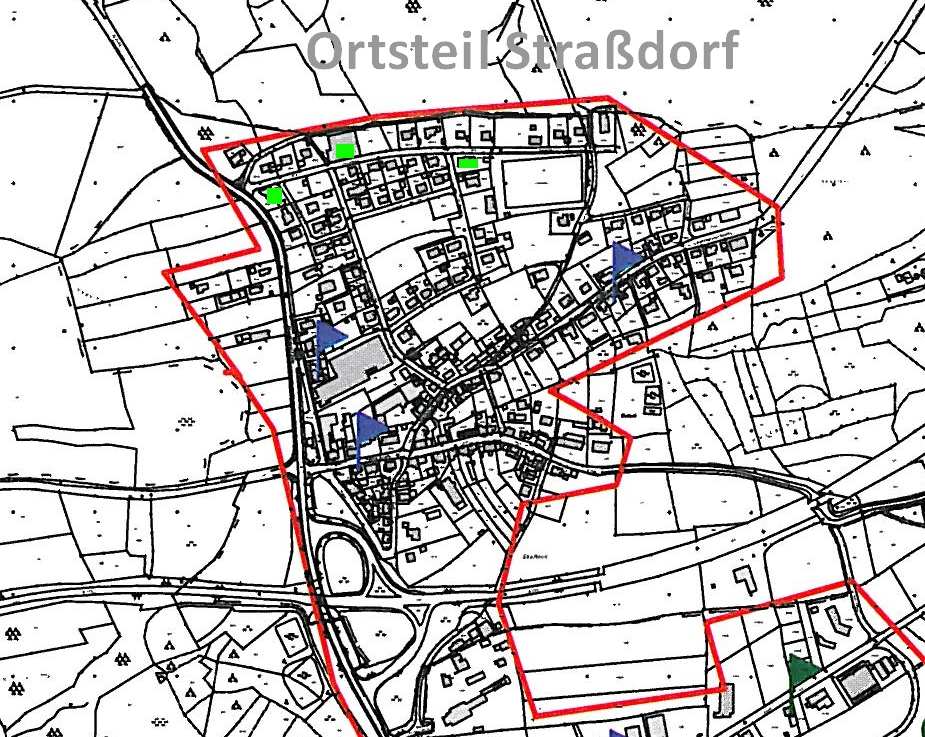 Bedarfsmeldung für den Ortsteil Straßdorf: Bedarfsmeldungen für den Ortsteil Straßdorf: 3 Unternehmen haben einen Bedarf von mindestens 30 Mbit/s Downstream gemeldet (grüne Rechtecke) es sind