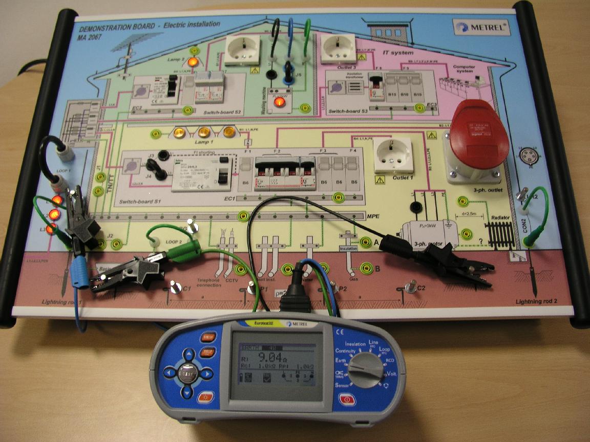 Erdungswiderstandsmessung Übung 3-3: Erdungswiderstandsmessung mit der Stromzangen- Methode - im allgemeinen Messanschluss Im unteren Beispiel besteht die Blitzschutzanlage aus mehreren parallel