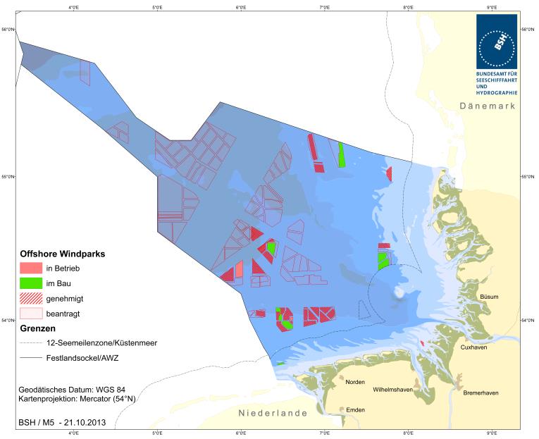 Projekte in der Nordsee genehmigt worden (insg. 2.010 OWEA). Zwei Windparks sind in Betrieb (alpha ventus und BARD Offshore 1), sieben weitere befinden sich im Bau (Stand: Oktober 2013).
