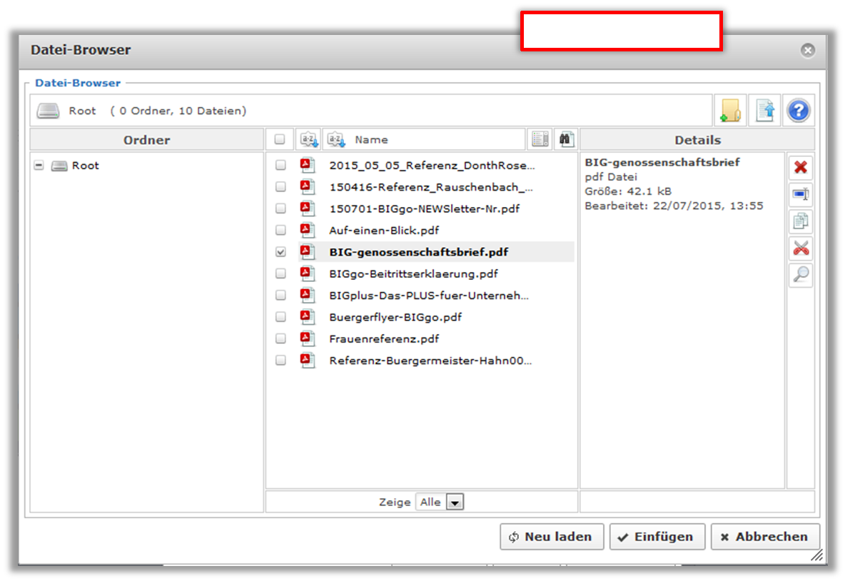 3 PDF Dokumente hochladen und verlinken Diese Aufgaben könne beide über den Link Manager erledigt werden. 1. Link Manager aufrufen 2. Datei Browser starten: Symbol[Durchsuchen] 3.