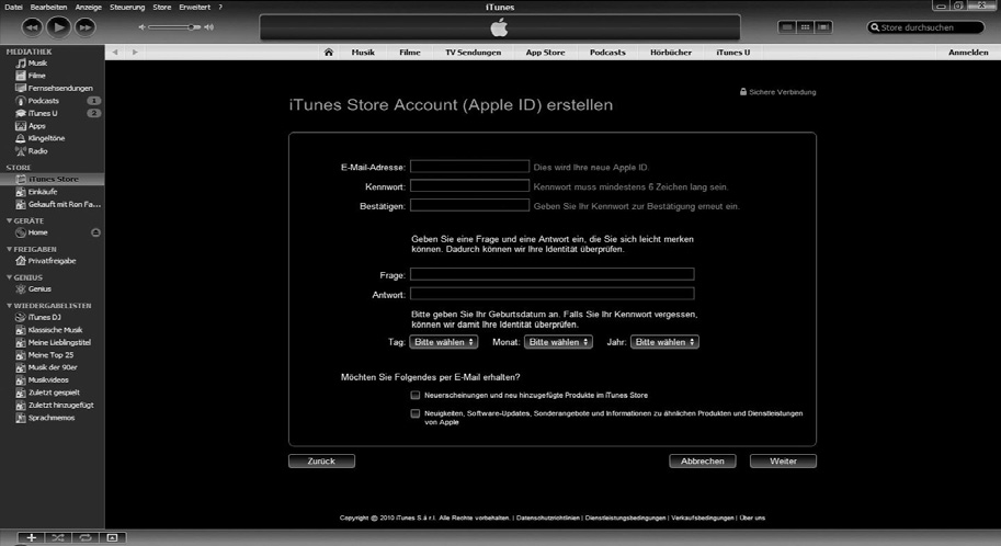 12 VORSICHT Apple kann sich anscheinend nur schwer entscheiden, ob es nun Benutzer-Account, Apple-Account oder itunes Store-Account heißen soll. Gemeint ist immer dasselbe Benutzerkonto.