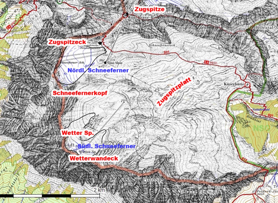 Untersuchungsgebiete Abbildung 2.2: Topographischer Kartenausschnitts des Zugspitzplatts mit seinen umgebenden Gipfeln sowie die beiden Schneeferner mit schematischen Gletschergrenzen.