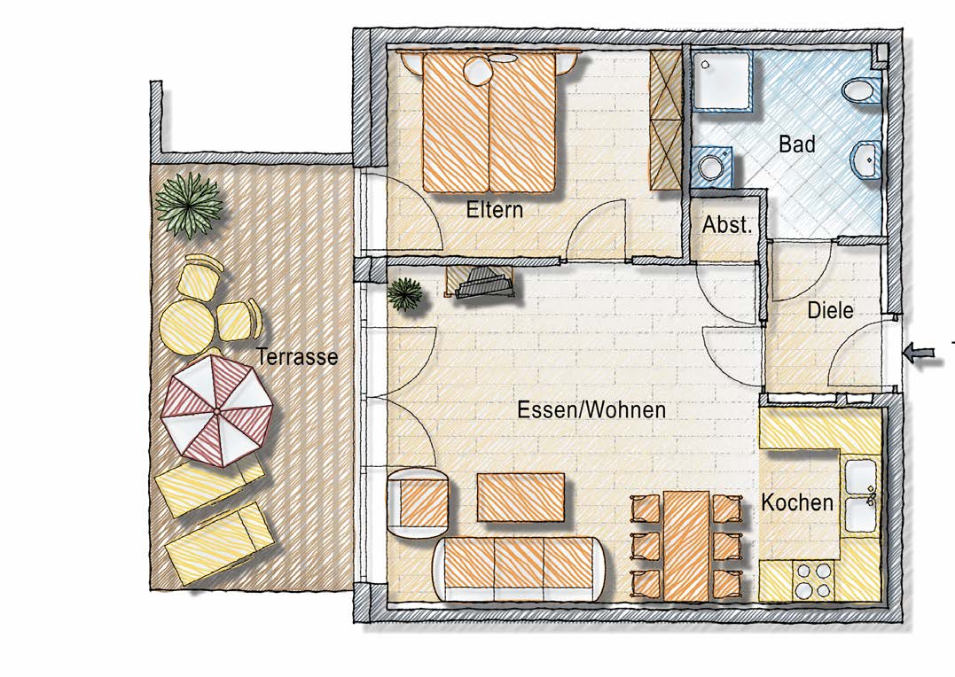 Top 6b 1. Obergeschoss 2-Zimmer-Wohnung Bei diesem Grundriss handelt es sich um eine schematische Darstellung. Abweichungen zur tatsächlichen Ausstattung sind möglich.