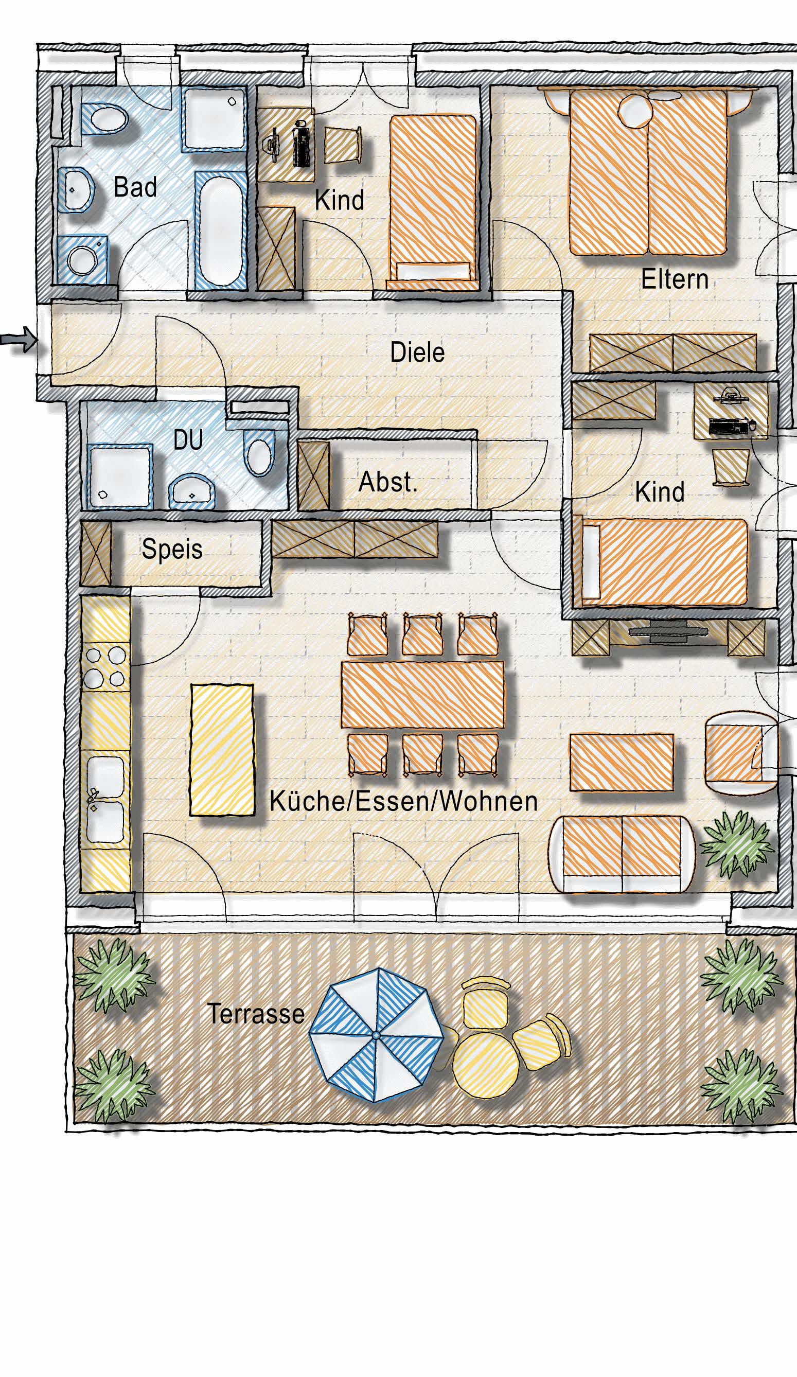 Top 11a Dachgeschoss 4-Zimmer-Wohnung Wohnen / Kochen Eltern Kind 1 Kind 2 Bad/WC Dusche/WC Abstellraum Diele Wohnfl.