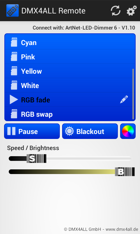 ArtNet-LED Dimmer 6 12 Programme ausführen / editieren per Android App Die benutzerdefinierten Farbwechsel / Programme des ArtNet-LED-Dimmer 6 können auch über die Android App DMX4ALL Remote