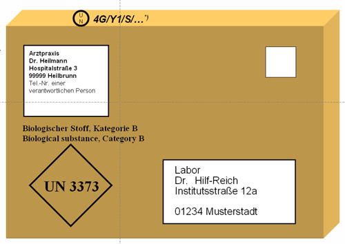 UN 3373 Außenverpackung nach P 650 als Maxibrief ab 2013-2,60 Euro Kennzeichnung mit der Raute und UN 3373 Beschriftung: Biologischer Stoff, Kategorie B
