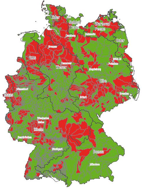 Stickstoff mindert die Wasserqualität Der chemische Zustand des Grundwassers in Deutschland, in den roten Bereichen ist