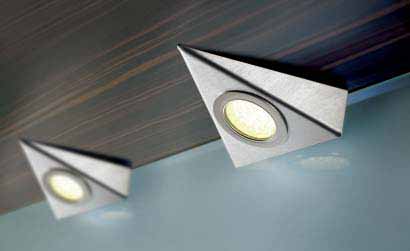 UL 1-LED 1) Leuchtstoff Halogen LED Langfeldleuchten Einleitung LED-Unterbauleuchte im Edelstahl-Dreieck Anwendung: dekorative LED-Beleuchtung für Küche Einbauleuchten Anschluss: LED-Trafo DC 24V