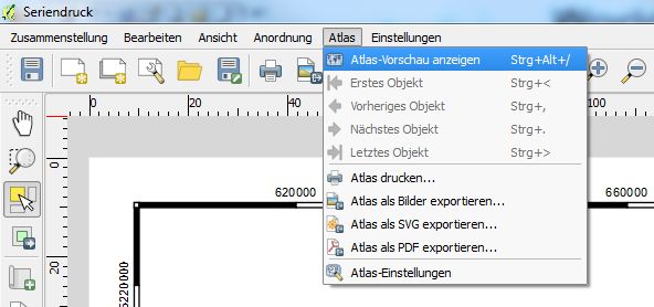 4.4 Atlas-Vorschau anzeigen und Atlas exportieren Wenn alle Atlaseinstellungen getätigt wurden, kann mit der Atlas-Vorschau das Ergebnis kontrolliert werden.