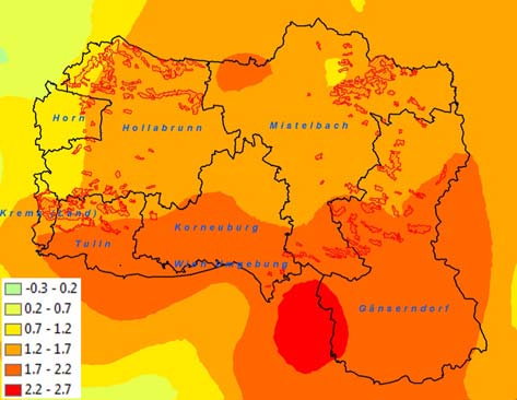 Niederösterreichisches Klimaprojekt Landwirtschaft Seite 37 Abbildung 28: Verteilung der mittleren Wintertemperatur im Zeitraum 1950 2000 die rot umrandeten Bereiche zeigen die aktuellen