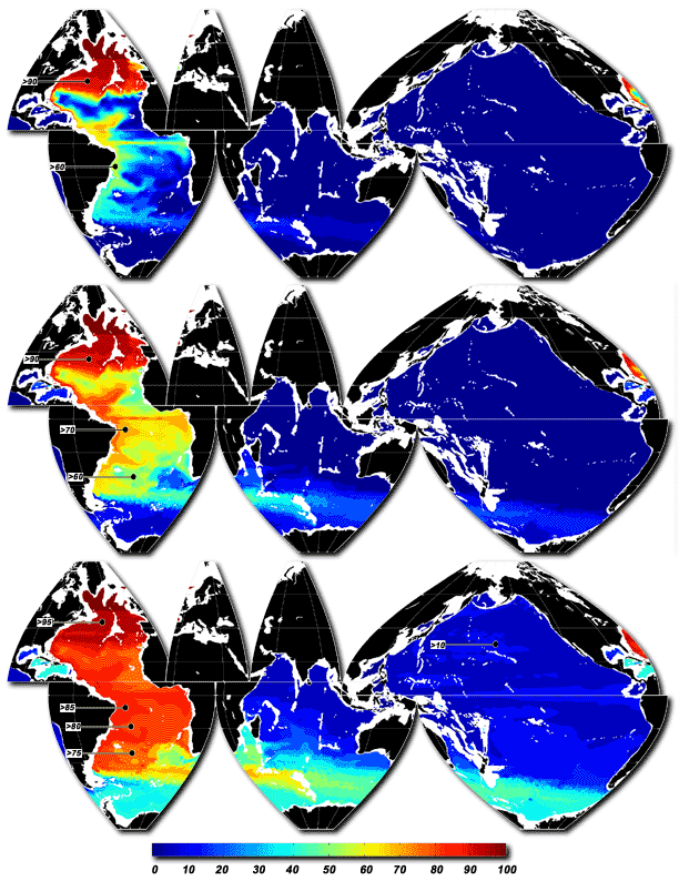 the depth of greatest NADW outflow, model level 15 (2200-2750 m): (a) After 100 years integration; (b) at 300 years