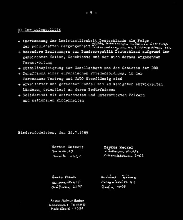 10 JULI 1989 Sonderheft 20 Jahre Ost-SPD Seite 11: Gründungsurkunde der Sozialdemokratischen Partei in der DDR (SDP), Schwante (Kr. Oranienburg), den 7. Oktober 1989.