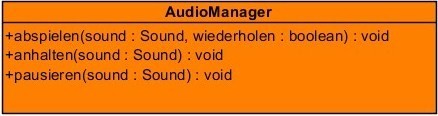 Zum Abspielen hat die Klasse AudioManager die folgende Methode: public void abspielen(sound sound, boolean wiederholen) Parameter Erläuterung sound : Sound Das Sound-Objekt, das abgespielt werden