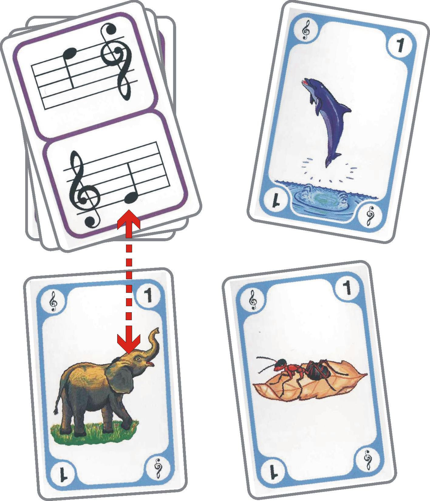 5 Der Spieler, der an der Reihe ist, hat genau einen Versuch, zu der Note auf dem Stapel die passende Bildkarte zu finden.
