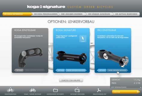 Schritt: IHR KOGA ENTWERFEN Klicken Sie auf einen Hot Spot, um das Fahrrad anzupassen Wählen Sie nun das Einzelteil, dass Sie ändern möchten, indem Sie auf andere Option/Option auswählen klicken.