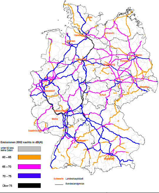 Schienenlärmbelastung in Deutschland Situation wurde erkannt Maßnahmen eingeleitet Schienennetz zeigt nachts in weiten Teilen eine Schallemission von mehr als 65 db(a), teilweise über 75db(A) [4]