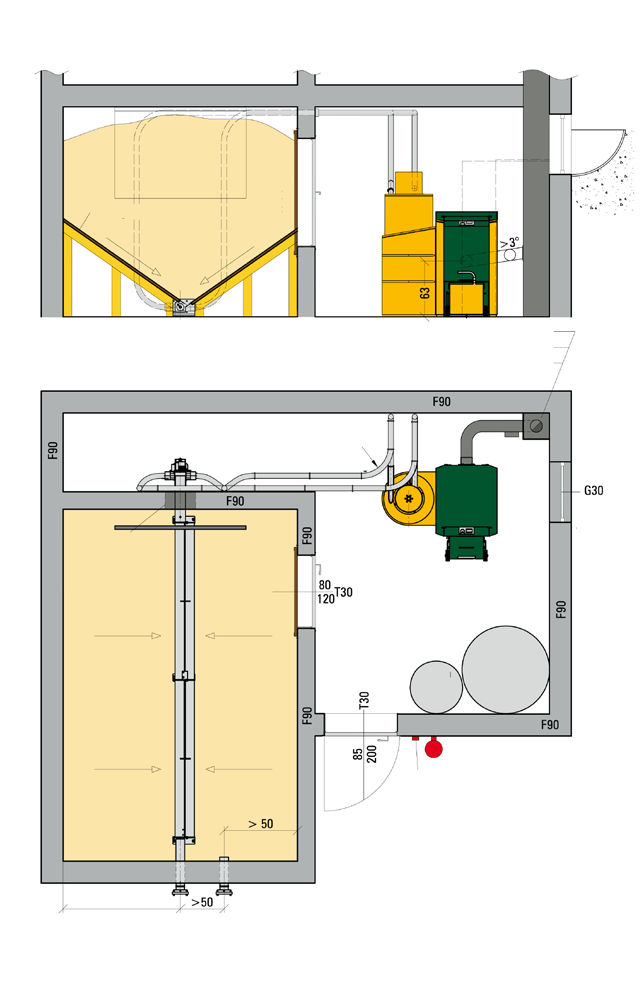 KWB Easyfire Einbaubeispiele Typ USP GS 20 kw mit Schneckenaustragung und Saugförderung Die gezeigte Ausführung ist in den Leistungsgrößen 10, 15, 20, 25 und 30 kw erhältlich.