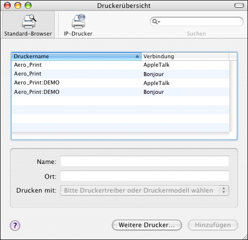 EINRICHTEN DER DRUCKFUNKTIONALITÄT UNTER MAC OS X 15 DRUCKER HINZUFÜGEN - DRUCKVERBINDUNG STANDARD-BROWSER (BONJOUR ODER APPLETALK) HINWEIS: Das Einrichten eines Druckers per Bonjour ist unter Mac OS