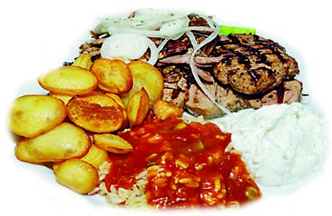 Fleisch-Platten 67. Olympia-Platte ein Fleischspieß, ein Hacksteak und Giros mit Reis, frittierten Kartoffeln, Krautsalat und Tzatziki 15,90 68.