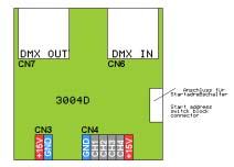 Anschlüsse Der Decoder 3004D verfügt über Anschlüsse für folgende Ein- und Ausgänge: CN3 SPEISUNG 15V Gleichspannung orange +15V DC blau 0 V DC CN6 DMX Dateneingang XLR 5-pin 1 Masse, Schirm 2