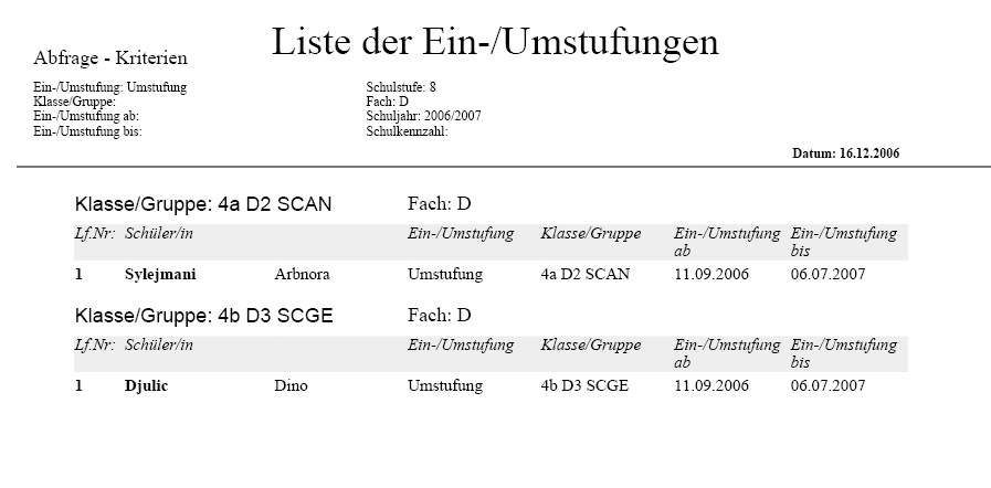 5.05. Liste der Ein-/Umstufungen Alle bisherigen Umstufungen in Deutsch auf der 8.