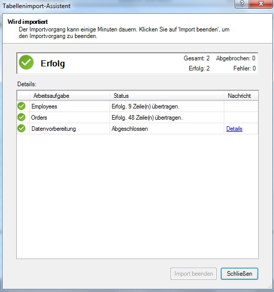 Protokolls des Import-Vorgangs Microsoft