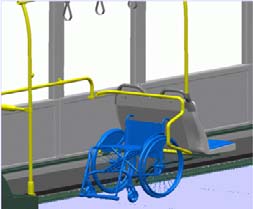 Rollstuhlstellfläche in Bussen Anforderungstaster in Höhe 85 cm Haltegriffe zu