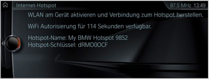 AKTIVIERUNG DES BMW WLAN HOTSPOTS. Nun ist Ihr Internet-Hotspot aktiviert und Sie können sich über Ihr Mobilgerät mit dem angegebenen Hotspot verbinden.