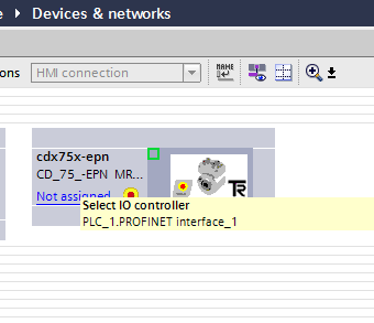 Connect the Profinet network of the measuring system to the controller. Do this by selecting the text Not assigned in the network view for the measuring system with the right mouse button.