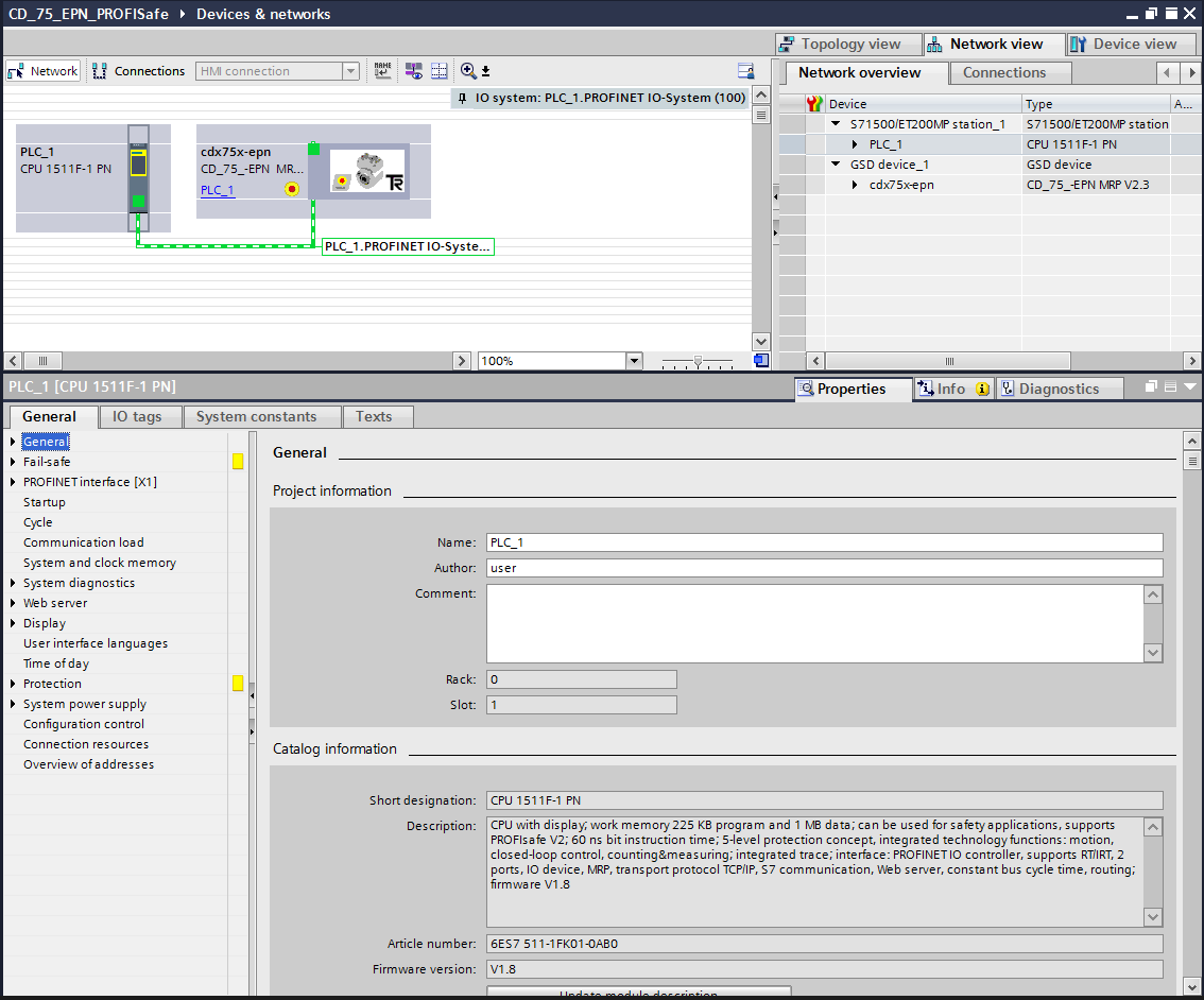 The controller properties are displayed in the inspection window below the network view after